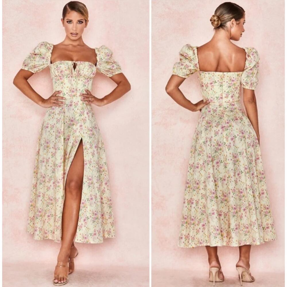 House of CB Tallulah Lemon Floral Puff Sleeve Midi Dress Sundress Cottagecore - Picture 15 of 15